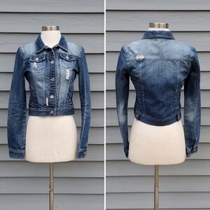 Vintage 90s y2k Mudd‎ Brats Blue Jean Distressed Faded Denim Trucker Jacket Md